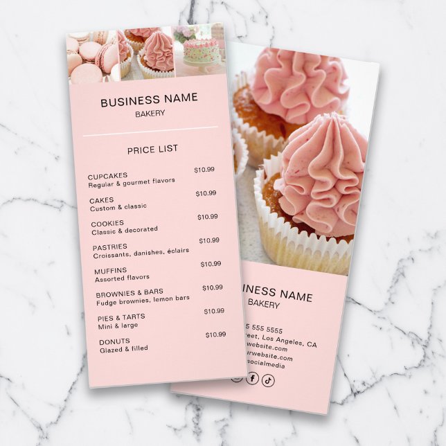 Bakery Price List Custom Photo QR Pink  Rack Card (Bakery Price List Custom Photo QR Pink Rack Card)