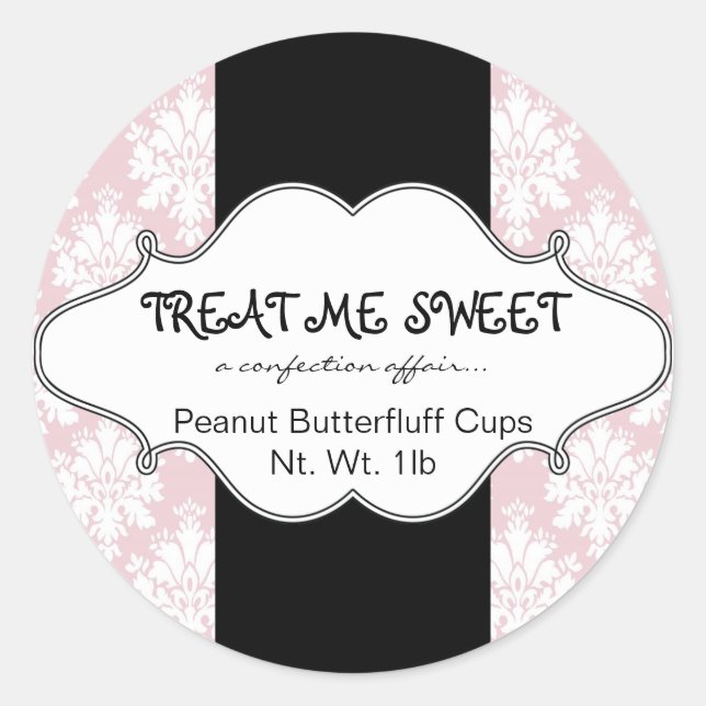 Bakery Product Labels Pink Damask Round Stickers (Front)