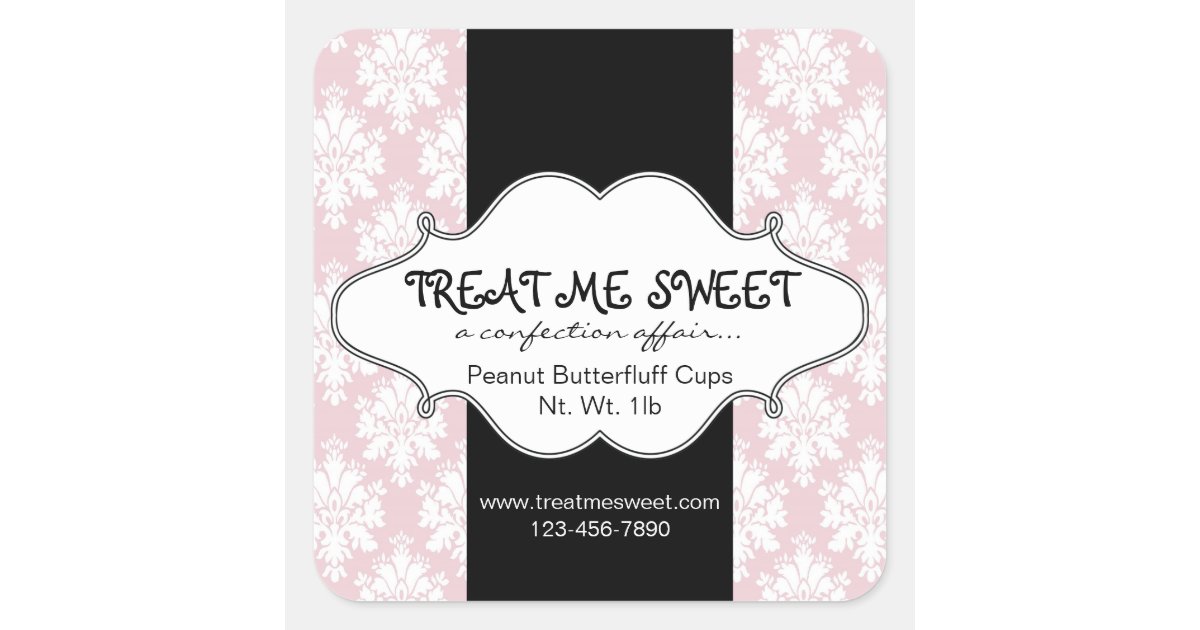 bakery product labels pink damask square sticker zazzlecom