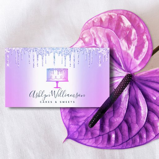 Customizable Bakery Purple Glitter Drips Cake Pastry Chef Chic Business Card