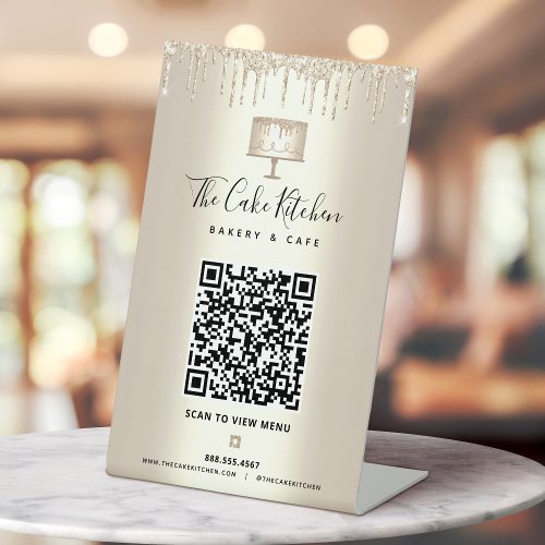 Bakery QR Code Scan Menu Gold Cake Glitter Drips Pedestal Sign