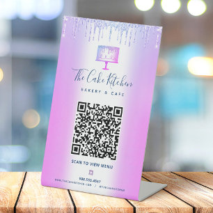 Bakery QR Code Scan Menu Purple Cake Glitter Drips Pedestal Sign