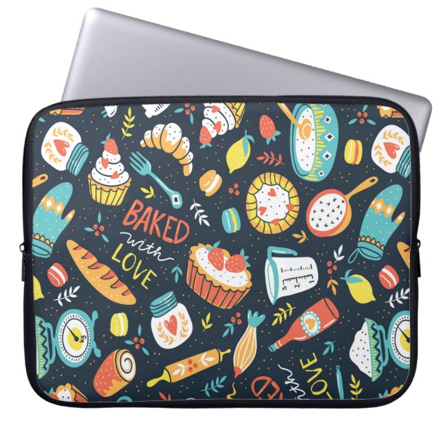 Bakery retro seamless pattern with dots and floral laptop sleeve (Front)