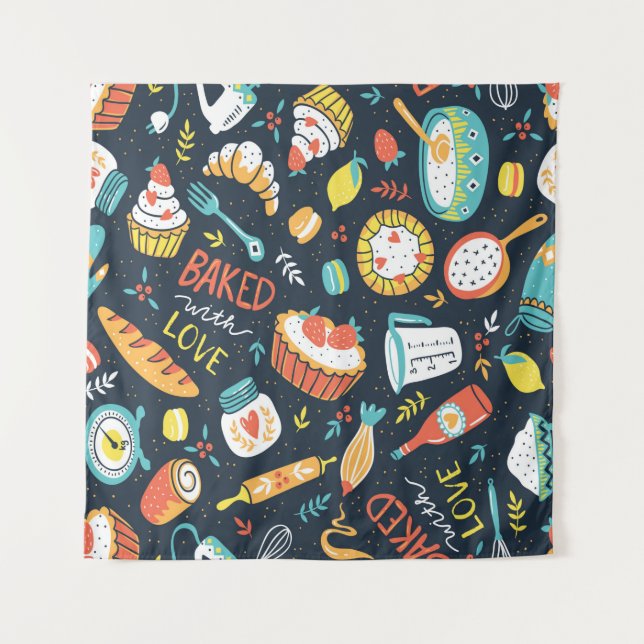Bakery retro seamless pattern with dots and floral tapestry (Front)