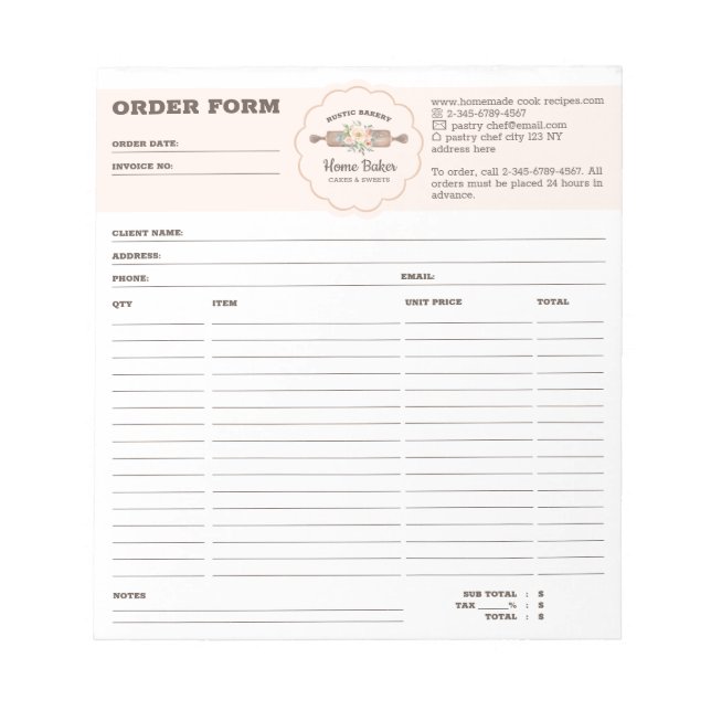 Bakery Rolling Pin Order Form Notepad (Front)