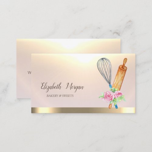 Bakery Rolling Pin Whisk Flowers Gold Business Card