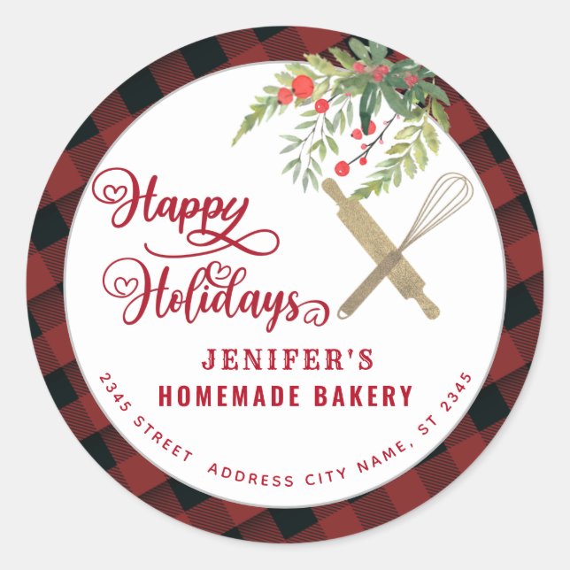 Bakery rolling pin whisk holiday packaging plaid classic round sticker (Front)