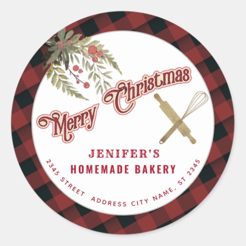 Bakery rolling pin whisk holiday packaging plaid  classic round sticker