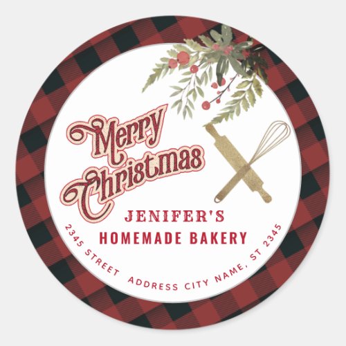 Bakery rolling pin whisk holiday packaging plaid  classic round sticker