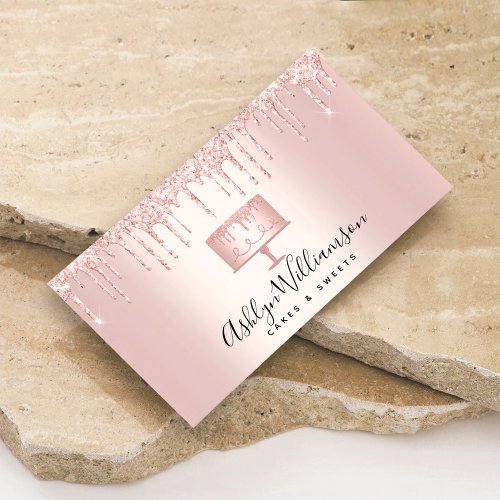Bakery Rose Gold Glitter Drips Cake Pastry Chef Business Card