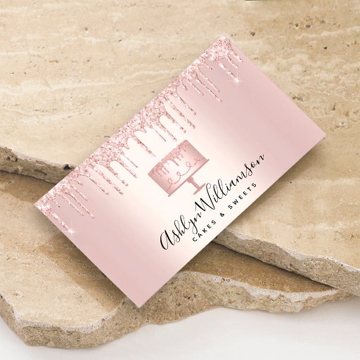 Customizable Bakery Rose Gold Glitter Drips Cake Pastry Chef Business Card