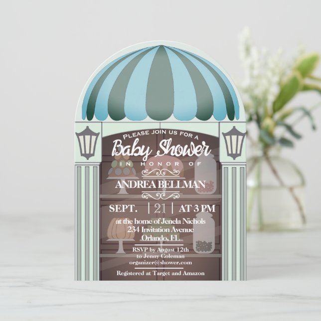 Bakery Shop window Baby Boy Shower Invitation (Standing Front)