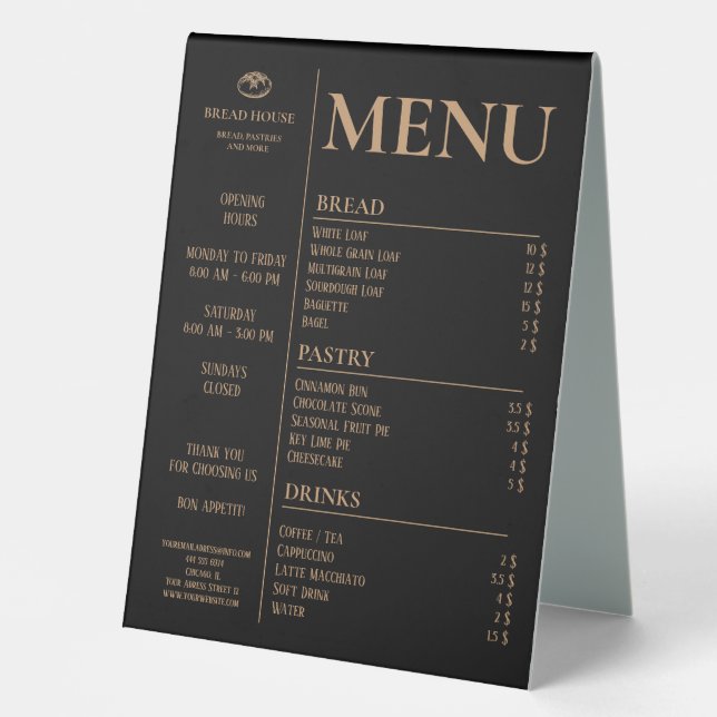Bakery Small Caffee Table Menu Table Tent (Front)