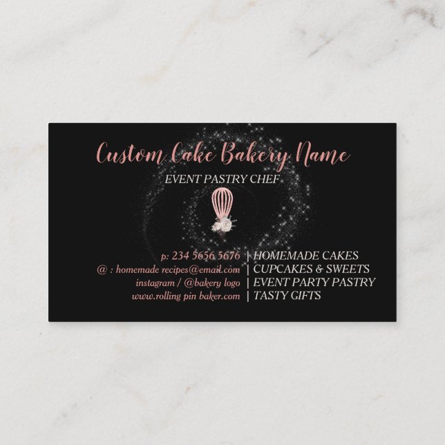 Bakery Sparkling Whisk Logo Home Bakery Black Business Card (Back)