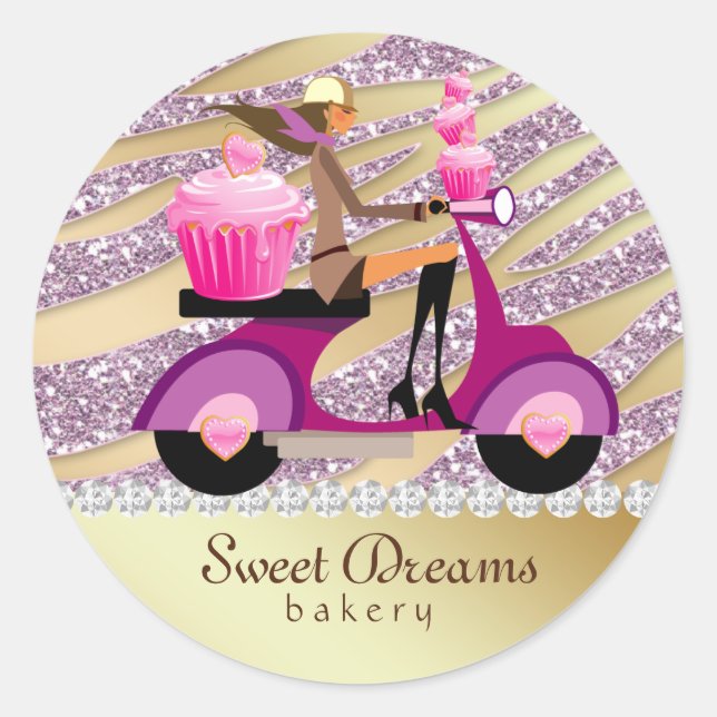 Bakery Sticker Sparkle Zebra Scooter Girl Pink (Front)