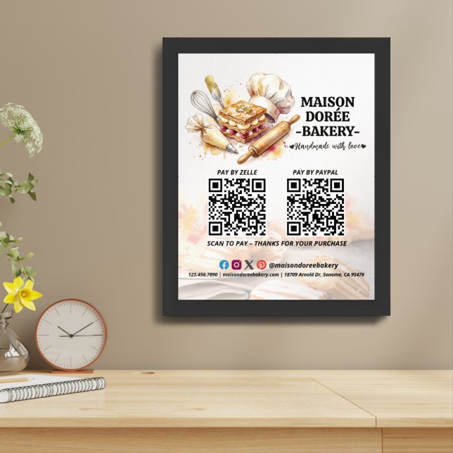 Bakery Store Pastry Cake Baker QR Code Pay Here Framed Art (Table Top)