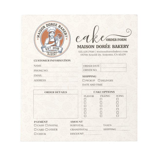 Bakery Store Pastry Chef Cake Baker Order Form Notepad (Front)