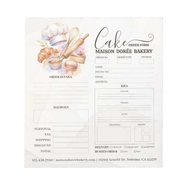 Bakery Store Pastry Chef Cake Baker Order Form Notepad (Front)