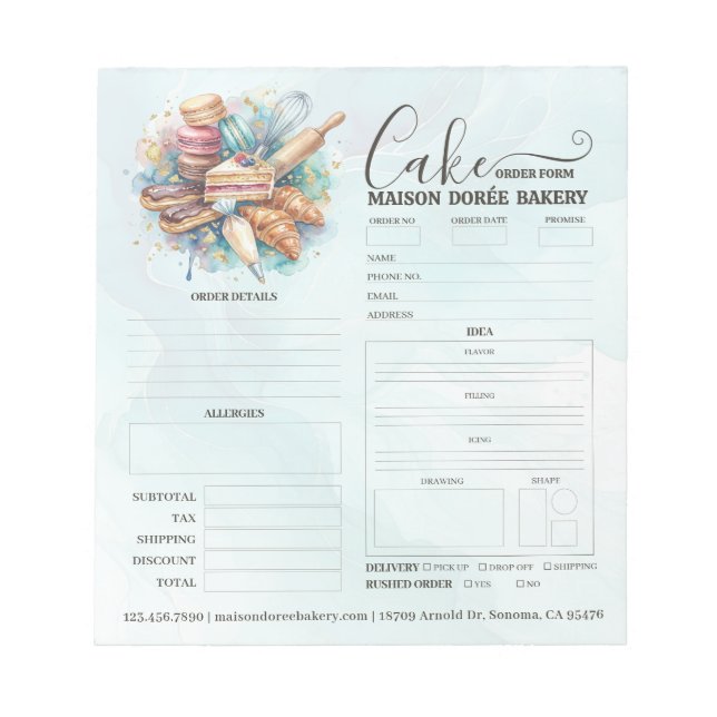 Bakery Store Pastry Chef Cake Baker Order Form Notepad (Front)