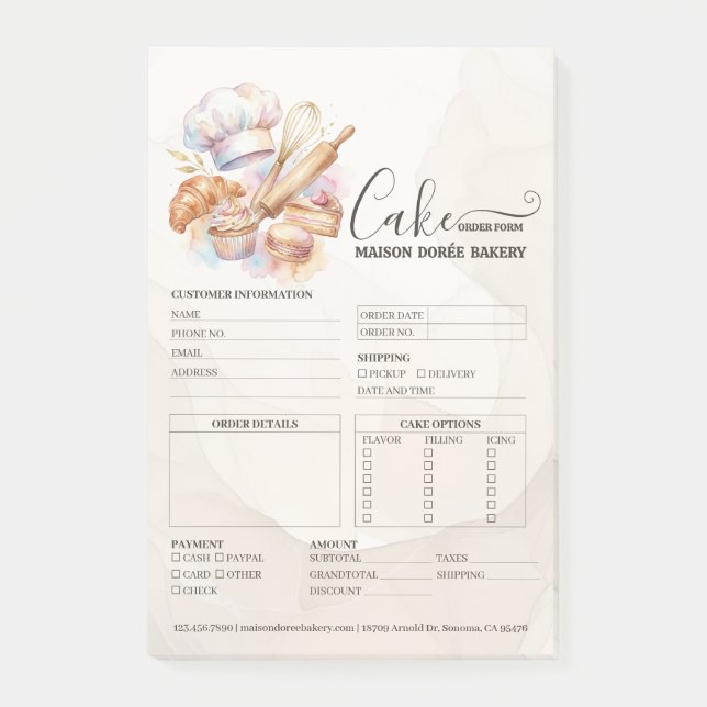 Bakery Store Pastry Chef Cake Baker Order Form Post-it Notes (Front)