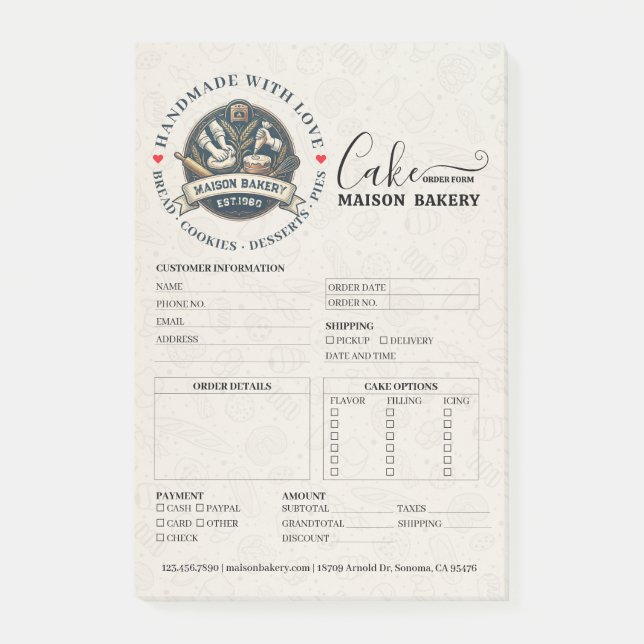 Bakery Store Pastry Chef Cake Baker Order Form Post-it Notes (Front)