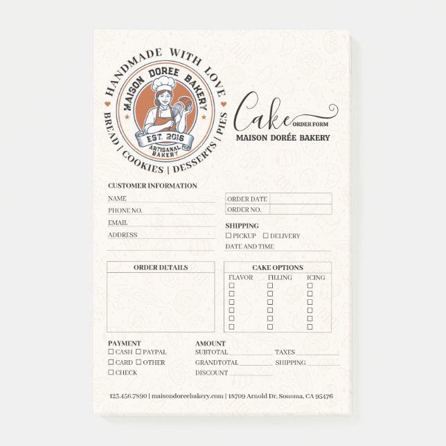 Bakery Store Pastry Chef Cake Baker Order Form Post-it Notes (Front)