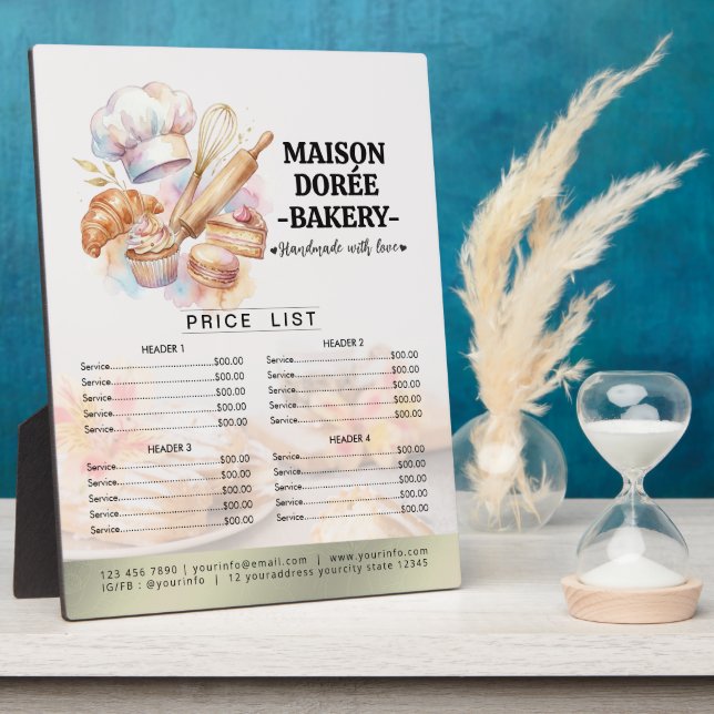 Bakery Store Pastry Chef Desserts Menu Price List Plaque (Side)