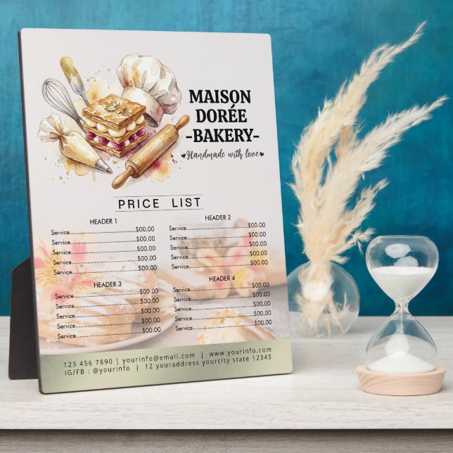 Bakery Store Pastry Chef Desserts Menu Price List Plaque (Side)
