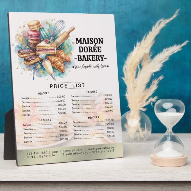 Bakery Store Pastry Chef Desserts Menu Price List Plaque (Side)