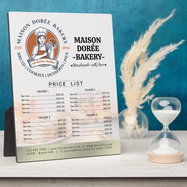 Bakery Store Pastry Chef Desserts Menu Price List Plaque (Side)