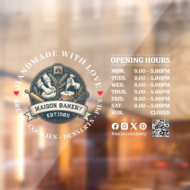 Bakery Store Pastry Chef Desserts Opening Hours Window Cling (Sheet 2)