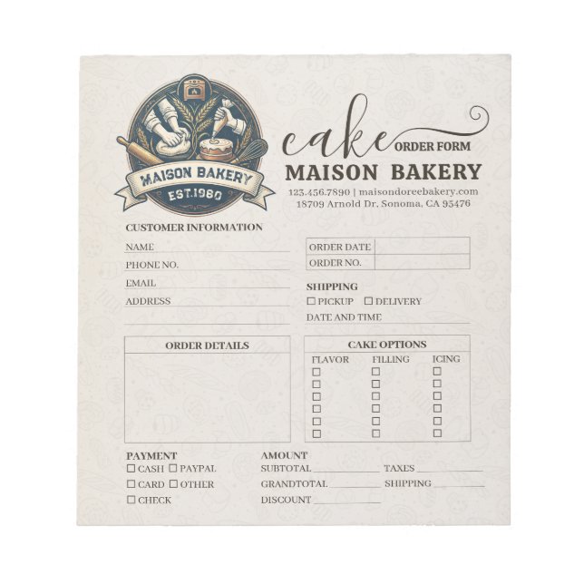Bakery Store Pastry Chef Desserts Sweet Order Form Notepad (Front)