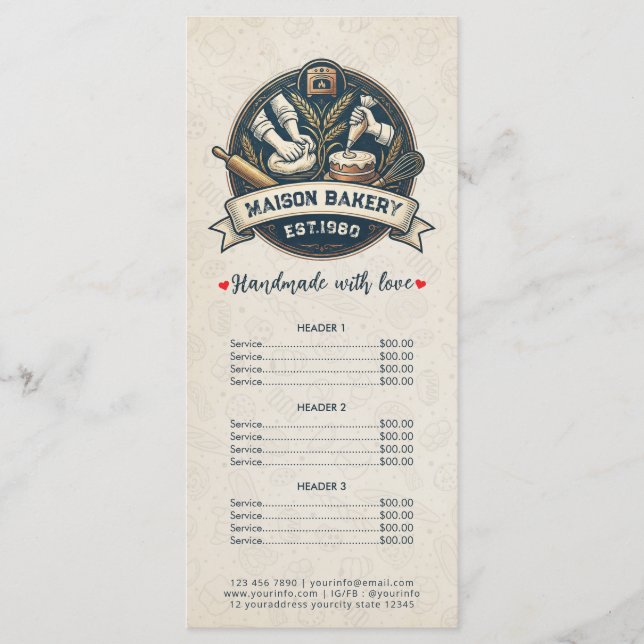 Bakery Store Pastry Chef Desserts Sweet Price List Menu (Front)