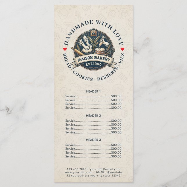 Bakery Store Pastry Chef Desserts Sweet Price List Menu (Front)