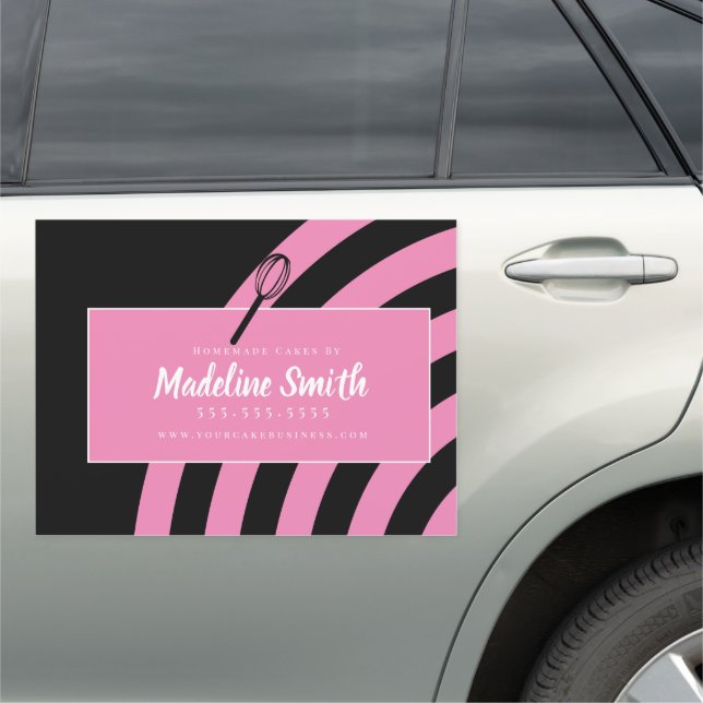 Bakery Stripes Whisk Homemade Cake Pink Black Car Magnet (In Situ)