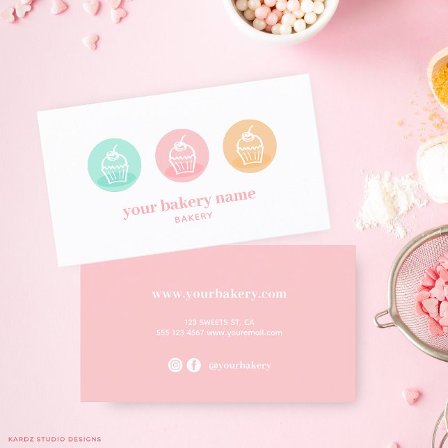 Bakery Sweet Cupcake Business Card (Card shown in standard size with squared corners. Choose size and corner style. Packs of 50 cards.)