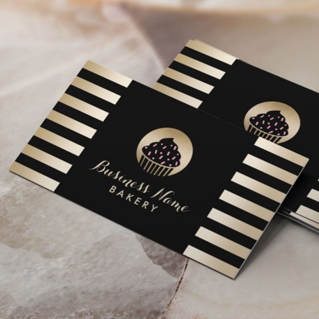 Bakery Sweet Cupcake Modern Black & Gold Stripes Business Card (Creator Uploaded)