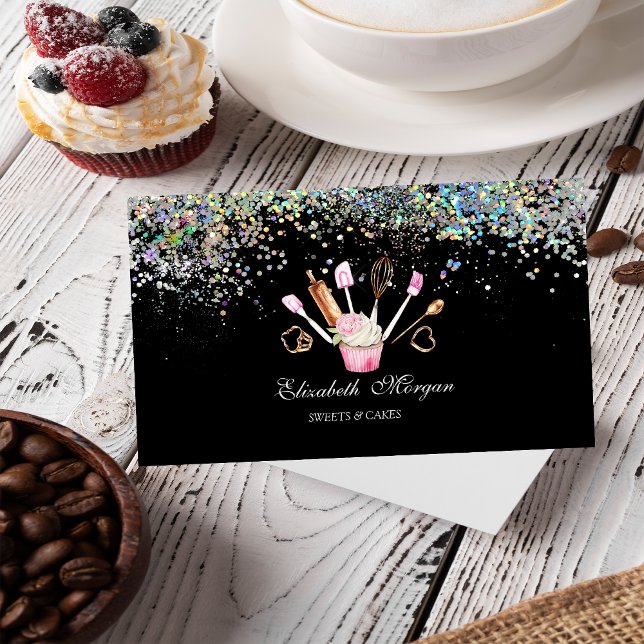 Bakery Tools Cupcake Colorful Confetti, Black  Business Card (Creator Uploaded)