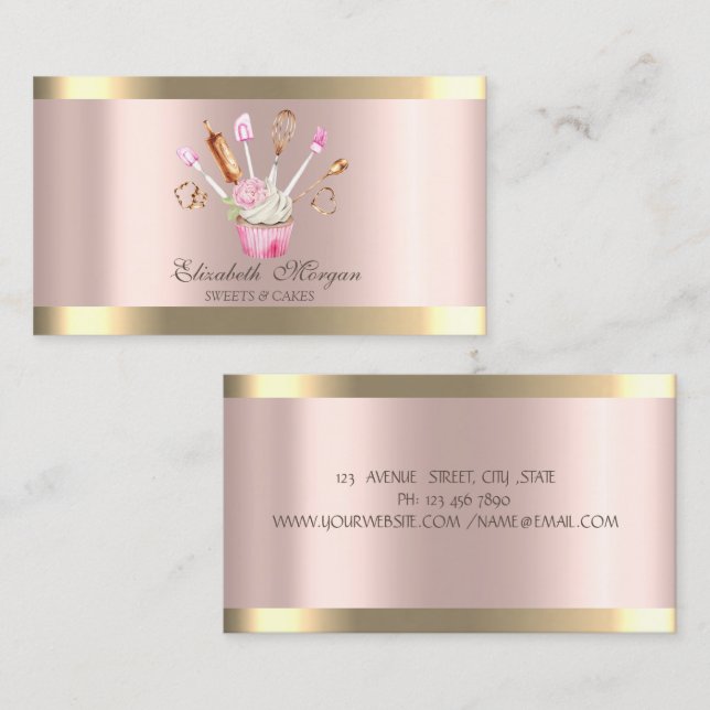  Bakery Tools Flower Cupcake Stripe Rose Gold  Business Card (Front/Back)