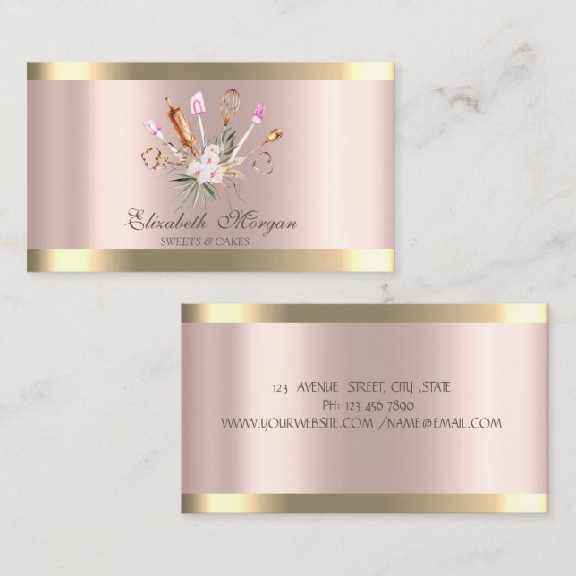  Bakery Tools Flowers Gold Stripe Rose Gold  Business Card (Front/Back)