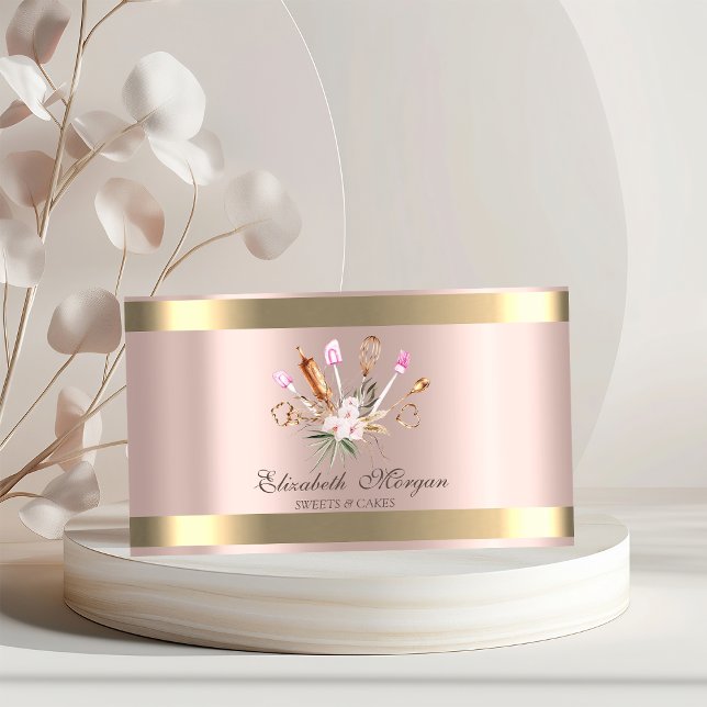  Bakery Tools Flowers Gold Stripe Rose Gold  Business Card (Creator Uploaded)