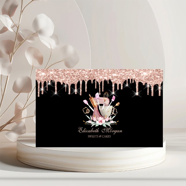 Bakery Tools Mixer Flowers Rose Gold Drips Bakery  Business Card (Creator Uploaded)