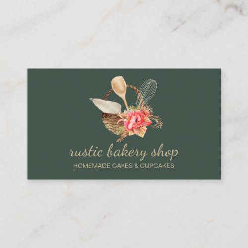 Bakery Utensils with Rustic Basket sage green gold Business Card