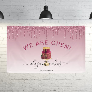 Bakery We Are Open Glitter Drip Burgundy Cake Banner