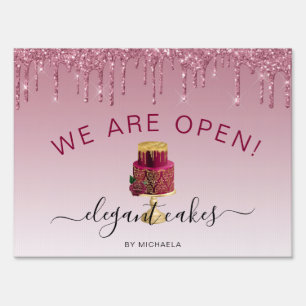 Bakery We Are Open Glitter Drip Burgundy Cake Sign