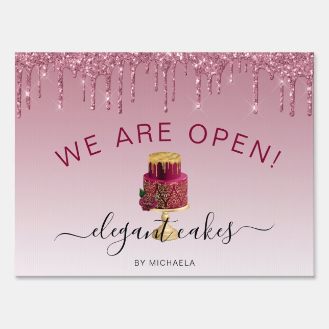 Bakery We Are Open Glitter Drip Burgundy Cake Sign (Front)