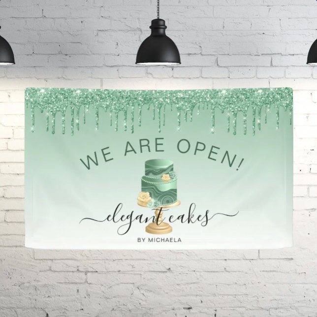 Bakery We Are Open Glitter Drip Green Cake Banner (Creator Uploaded)
