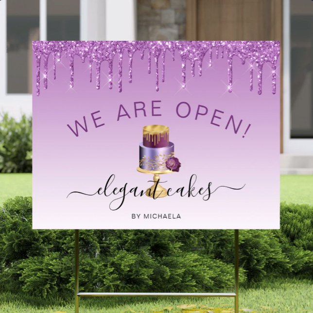 Bakery We Are Open Glitter Drip Purple Cake Yard Sign (Creator Uploaded)