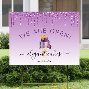 Bakery We Are Open Glitter Drip Purple Cake Yard Sign