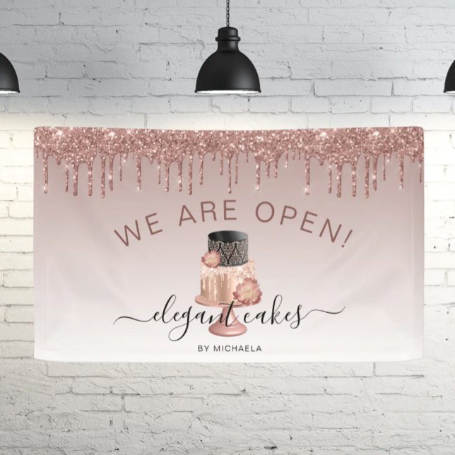 Bakery We Are Open Glitter Drip Rose Gold Cake Banner (Creator Uploaded)